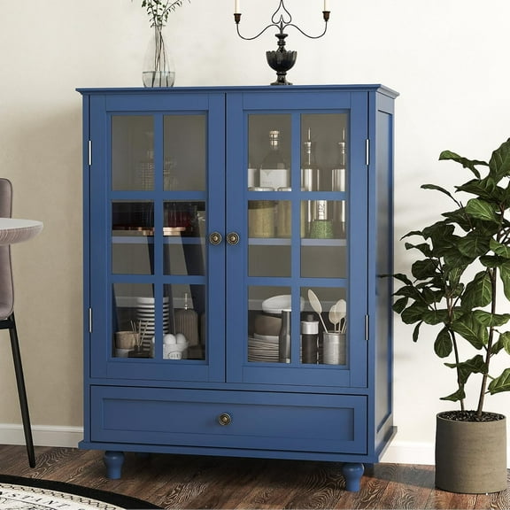 Sideboard Buffet Cabinet with Storage,36" Kitchen Buffet Storage Cabinet with 2 Glass Doors and 1 Drawer, Narrow Glass Display Furniture, Coffee Bar Unit with Wooden Handles for Kitchen (blue)