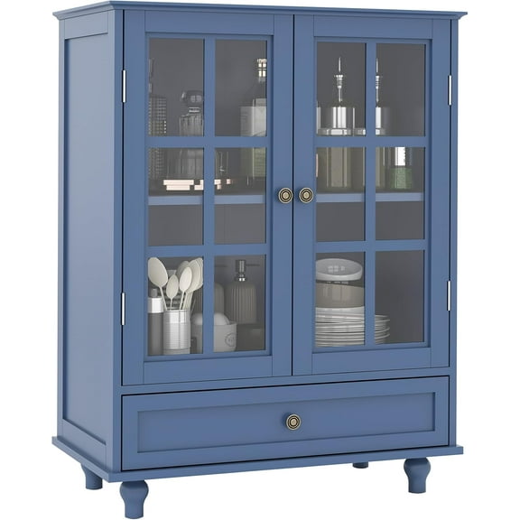 Sideboard Buffet Cabinet with Storage,36" Kitchen Buffet Storage Cabinet with 2 Glass Doors and 1 Drawer, Narrow Glass Display Furniture, Coffee Bar Unit with Wooden Handles for Kitchen (Blue)