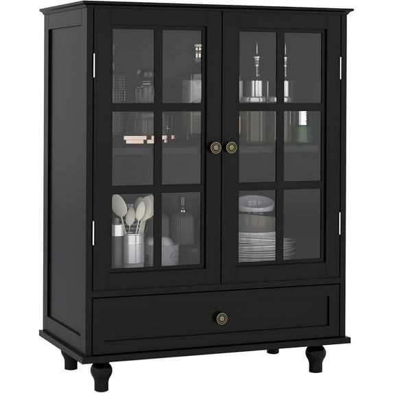 Sideboard Buffet Cabinet with Storage,36" Kitchen Buffet Storage Cabinet with 2 Glass Doors and 1 Drawer, Narrow Glass Display Furniture, Coffee Bar Unit with Wooden Handles for Kitchen (Black)