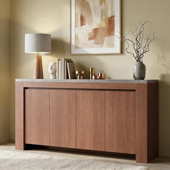 Aunfebrco Sideboard Buffet Cabinet with Storage and 4 Doors, Modern Kitchen Storage Cabinet with Faux Marble Top, Large Coffee Bar Cabinet for Living Room Dining Room, Walnut