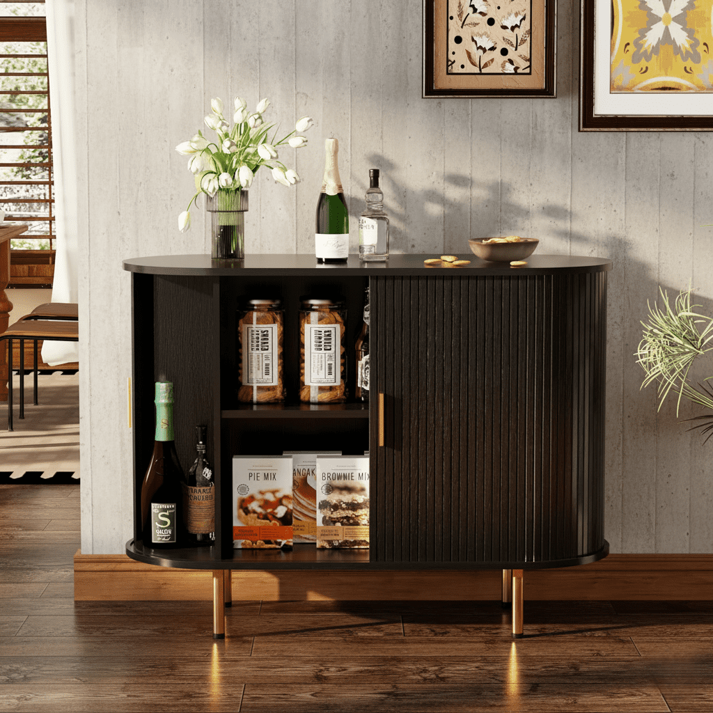 Sideboard Buffet Cabinet with Storage, 40" Mid Century Modern Fluted Accent Coffee Bar Console Table with Tambour Sliding Doors & Adjustable Shelf for Kitchen, Living Room, Entryway (Black)