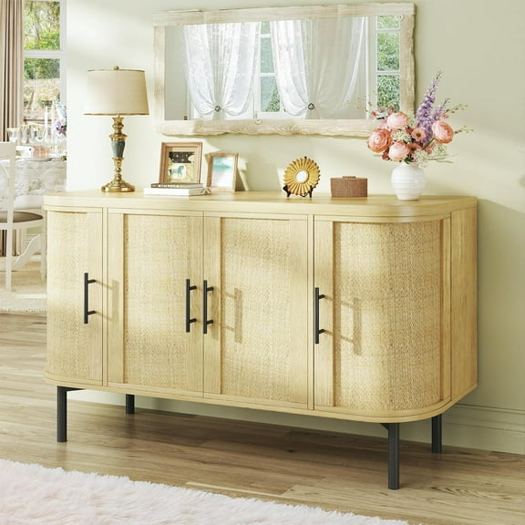 Sideboard Buffet Cabinet with Storage, 47.2" Rattan Sideboard Cabinet with Adjustable Shelf, Metal Legs, Modern Buffet Sideboard for Kitchen, Living Room, Entryway, Natural Oak