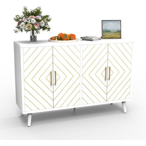 Sideboard Buffet Cabinet with Storage, 47" Modern Sideboard with Adjustable Shelves, Wood Storage Cabinet Console Table with Doors and Gold Handle for Kitchen, Dining Room, Livingroom, White