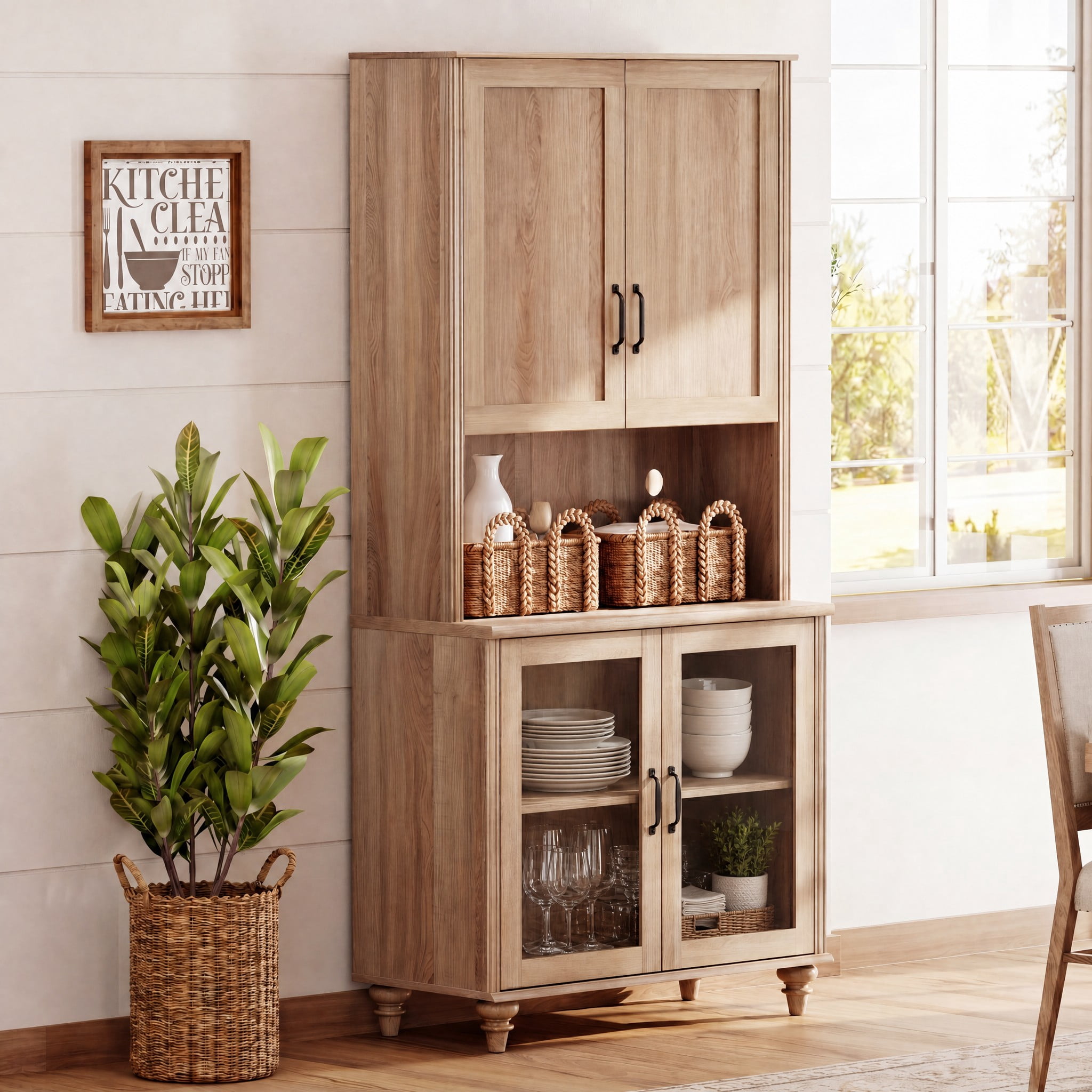 Sideboard Buffet Cabinet with Storage, 5-Tier Bookcase with Adjustable Shelf, Farmhouse Library Wooden Bookshelves for Living Room, Office, Study Room, Oak, 72" H