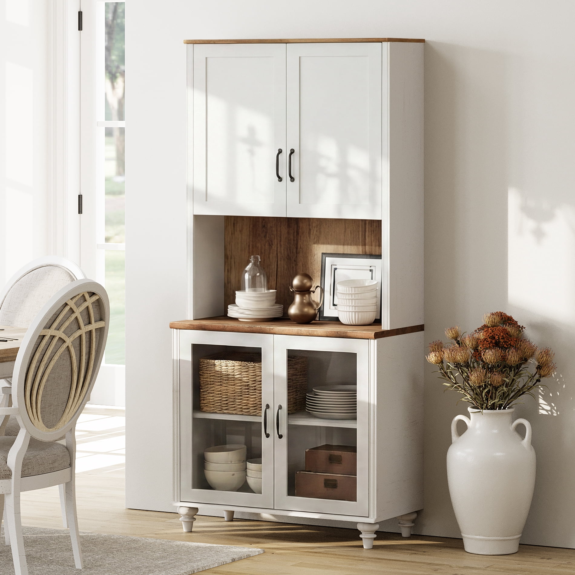 Sideboard Buffet Cabinet with Storage, 5-Tier Bookcase with Adjustable Shelf, Farmhouse Library Wooden Bookshelves for Living Room, Office, Study Room, White, 72" H
