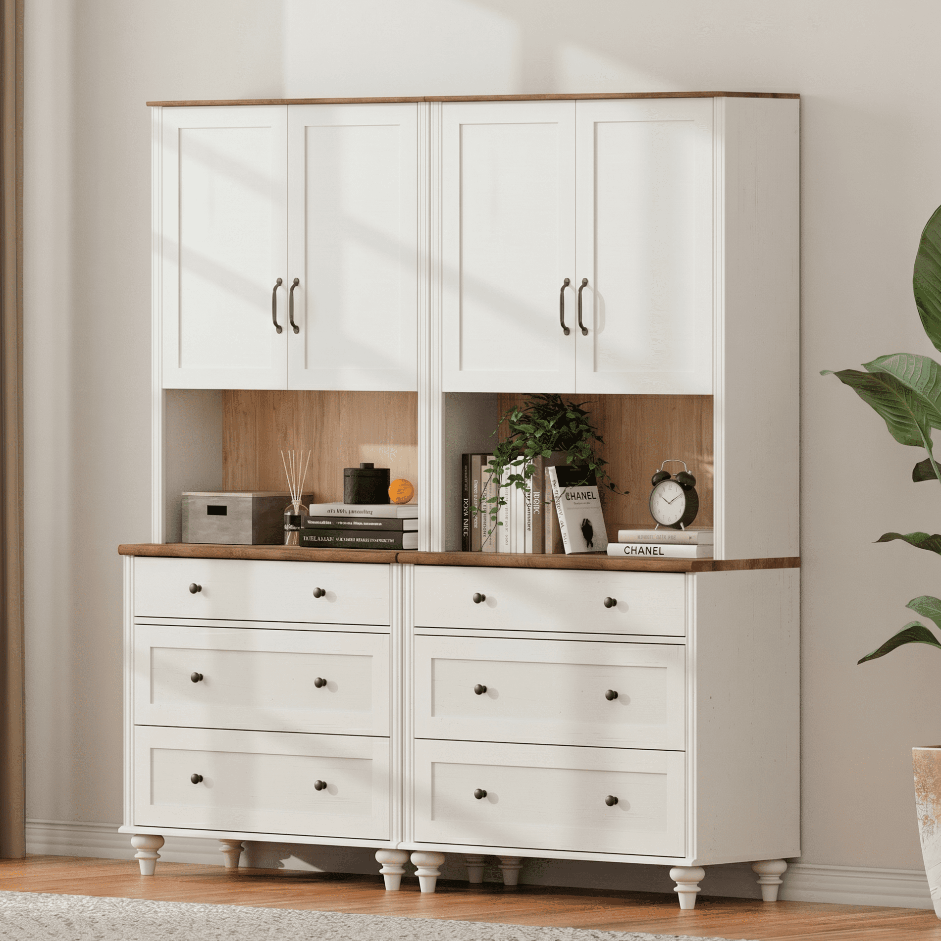 Sideboard Buffet Cabinet with Storage, 5-Tier Bookcase with Ample Storages, Bookshelf with 6 Drawers, Wood Bookshelves for Living Room, Office, Study Room, White, 72" H