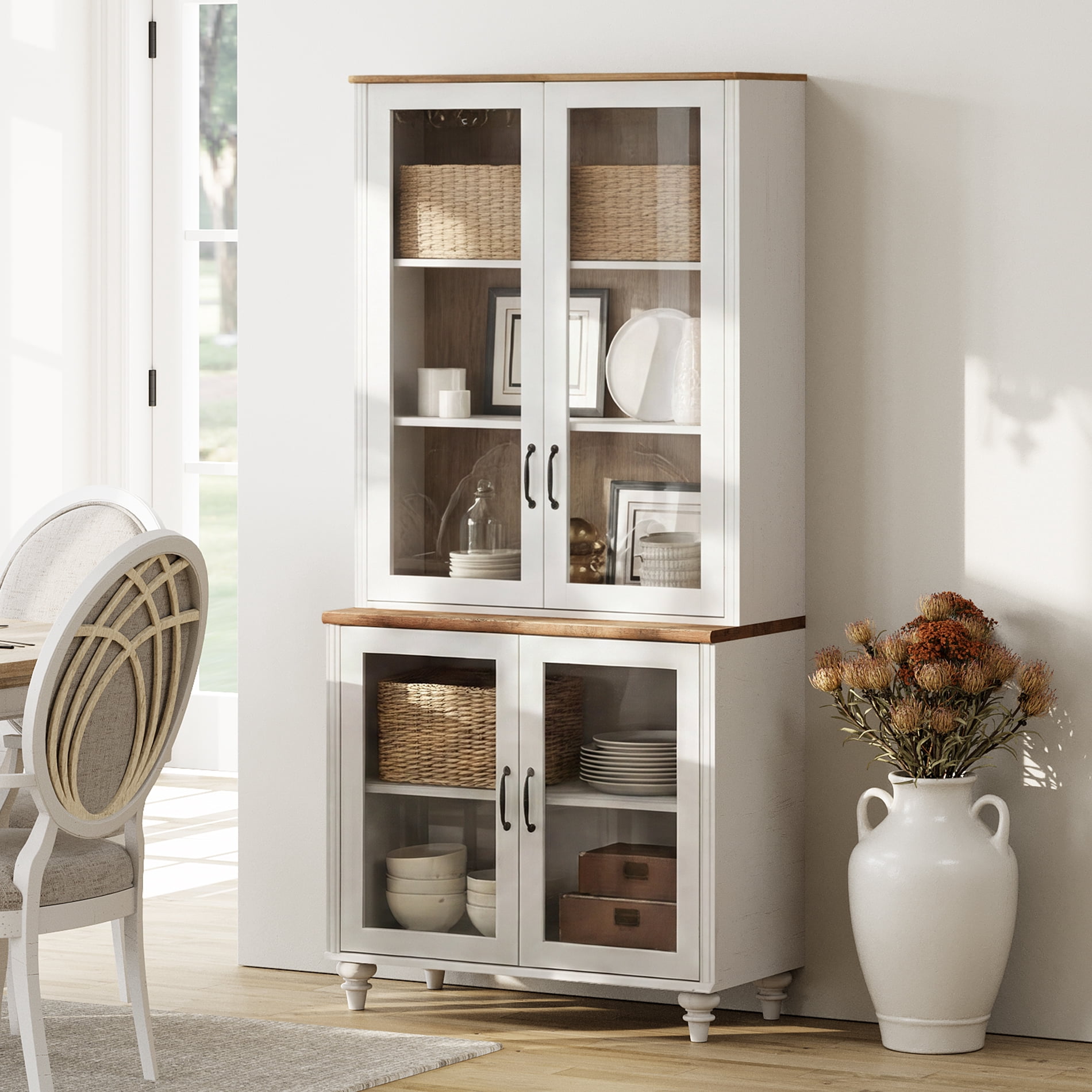 Sideboard Buffet Cabinet with Storage, 5-Tier Bookcase with Glass Doors and Adjustable Shelf, Farmhouse Library Wooden Bookshelves for Living Room, Office, Kitchen, White, 72" H