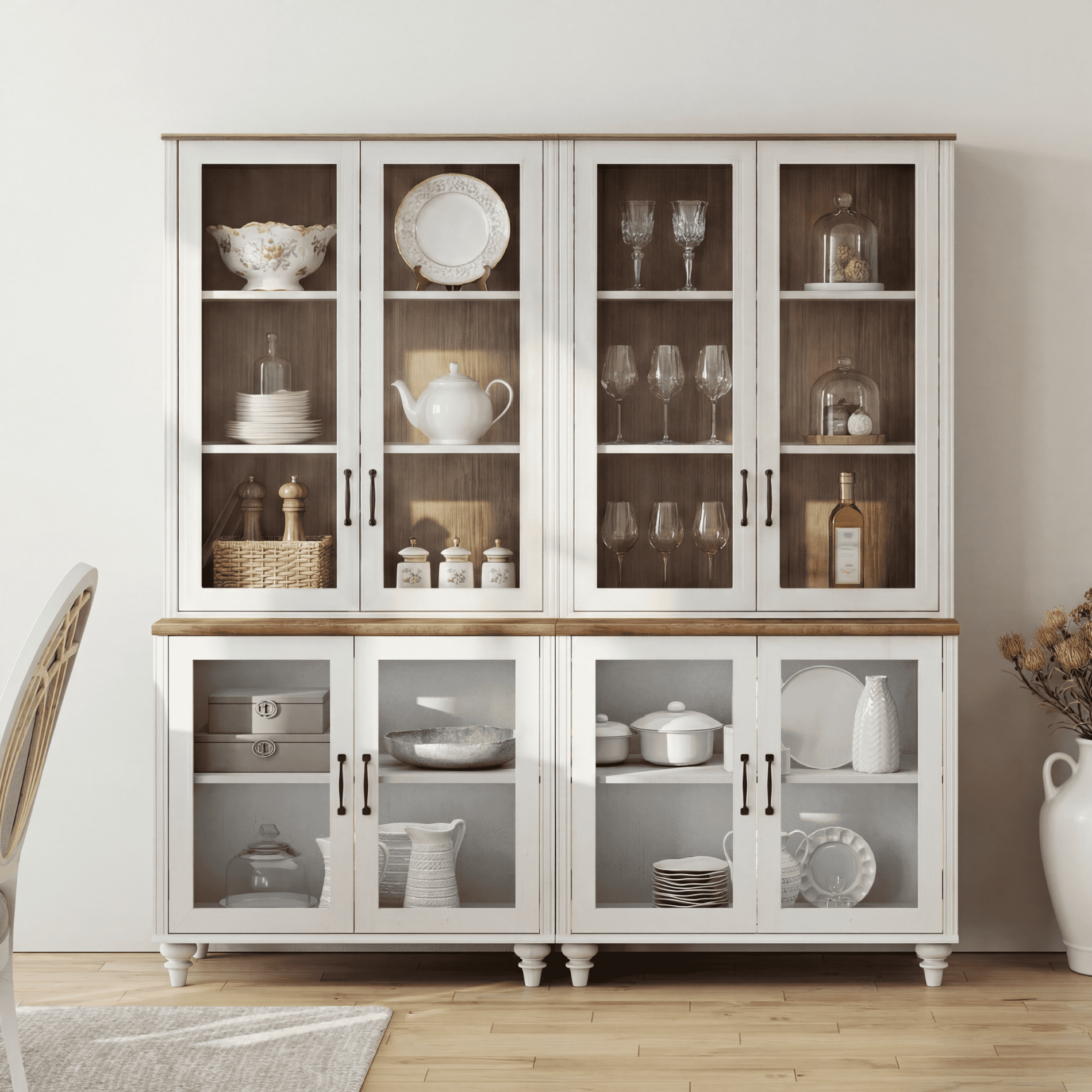 Sideboard Buffet Cabinet with Storage, 5-Tier Bookcase with Glass Doors and Adjustable Shelf, Large Library Wooden Bookshelves for Living Room, Office, Kitchen, White, 72" H