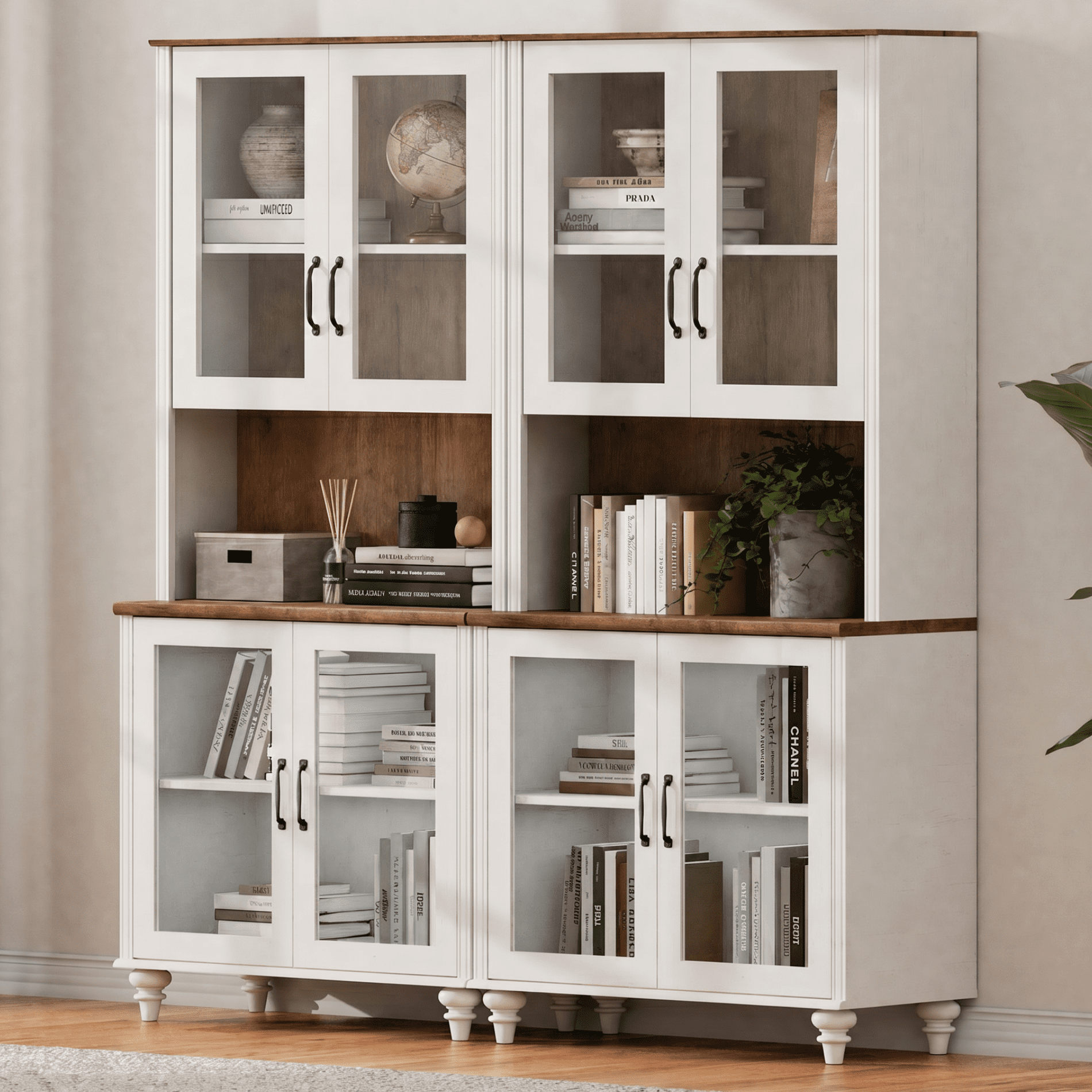 Sideboard Buffet Cabinet with Storage, 5-Tier Bookcase with Glass Doors and Adjustable Shelf, Large Library Wooden Bookshelves for Living Room, Study Room, Kitchen, White, 72" H