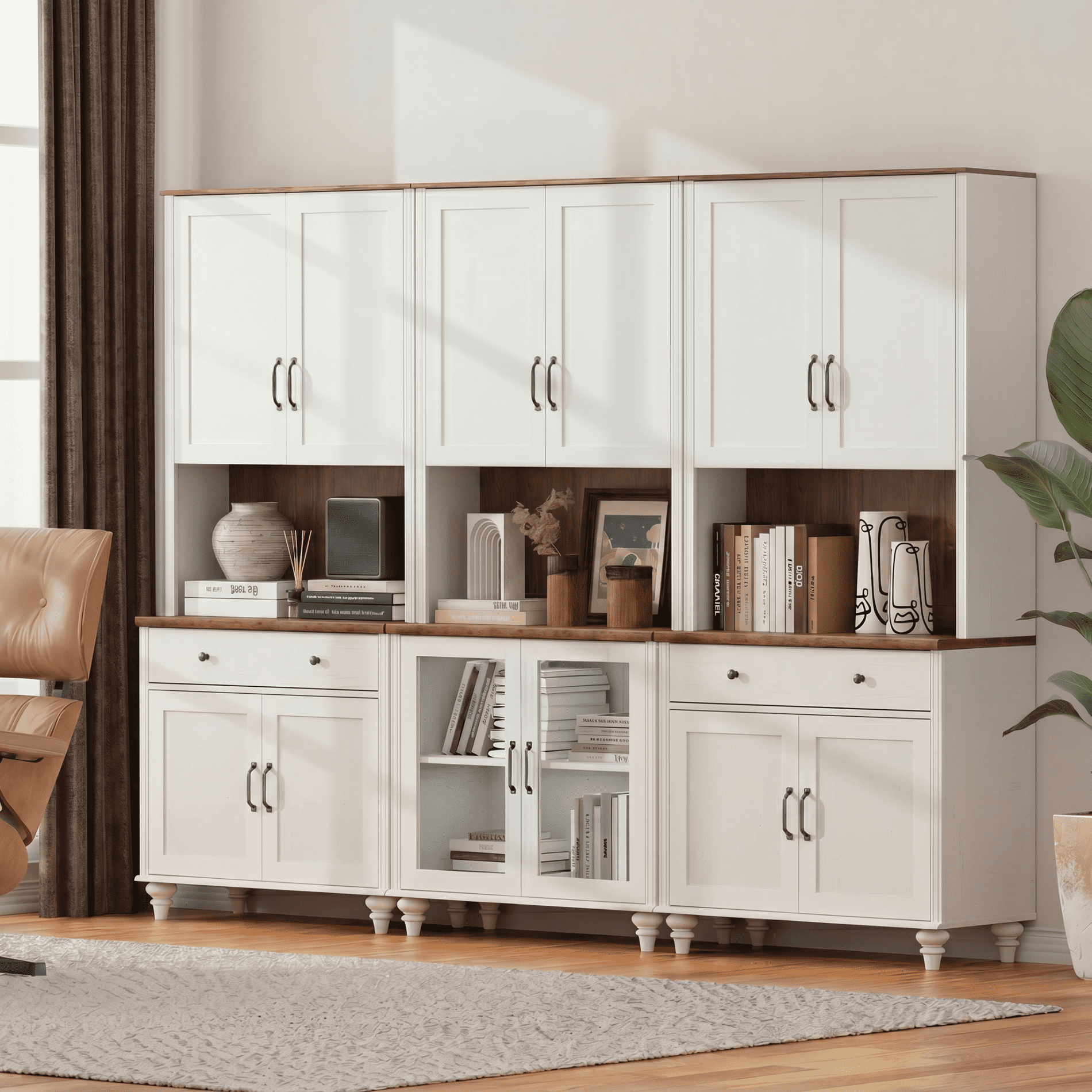 Sideboard Buffet Cabinet with Storage, 5-Tier Bookcase with Glass Doors with Ample Storage Cabinets, Large Library Wooden Bookshelves for Living Room, Office, Study Room, White, 72" H