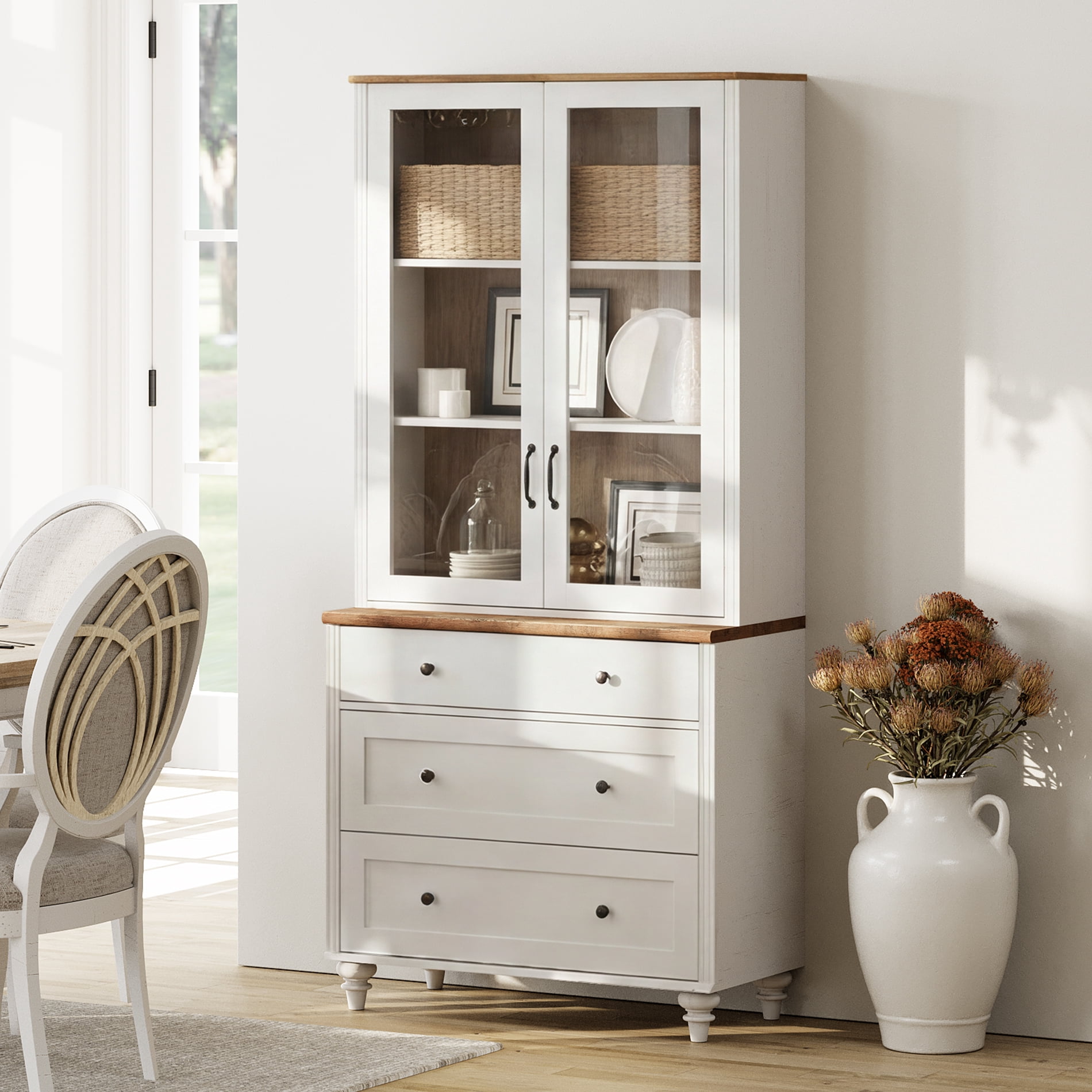 Sideboard Buffet Cabinet with Storage, 5-Tier Bookcase with Glass Doors, Bookshelf with 3 Drawers, Farmhouse Library Wooden Bookshelves for Living Room, Office, Kitchen, White, 72" H
