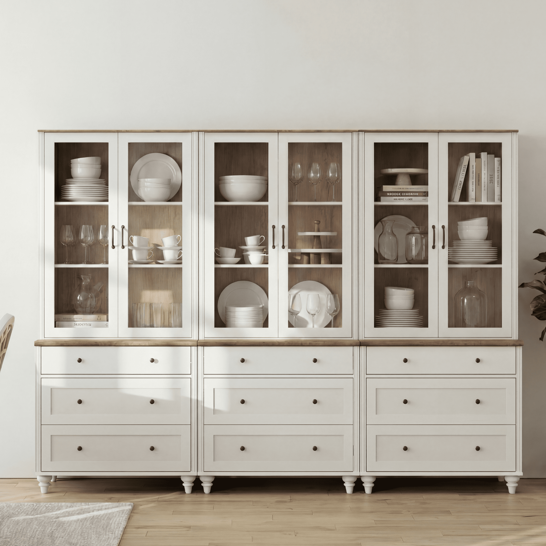 Sideboard Buffet Cabinet with Storage, 5-Tier Bookcase with Glass Doors, Bookshelf with 9 Drawers, Wooden Bookshelves for Living Room, Office, Kitchen, White, 72" H