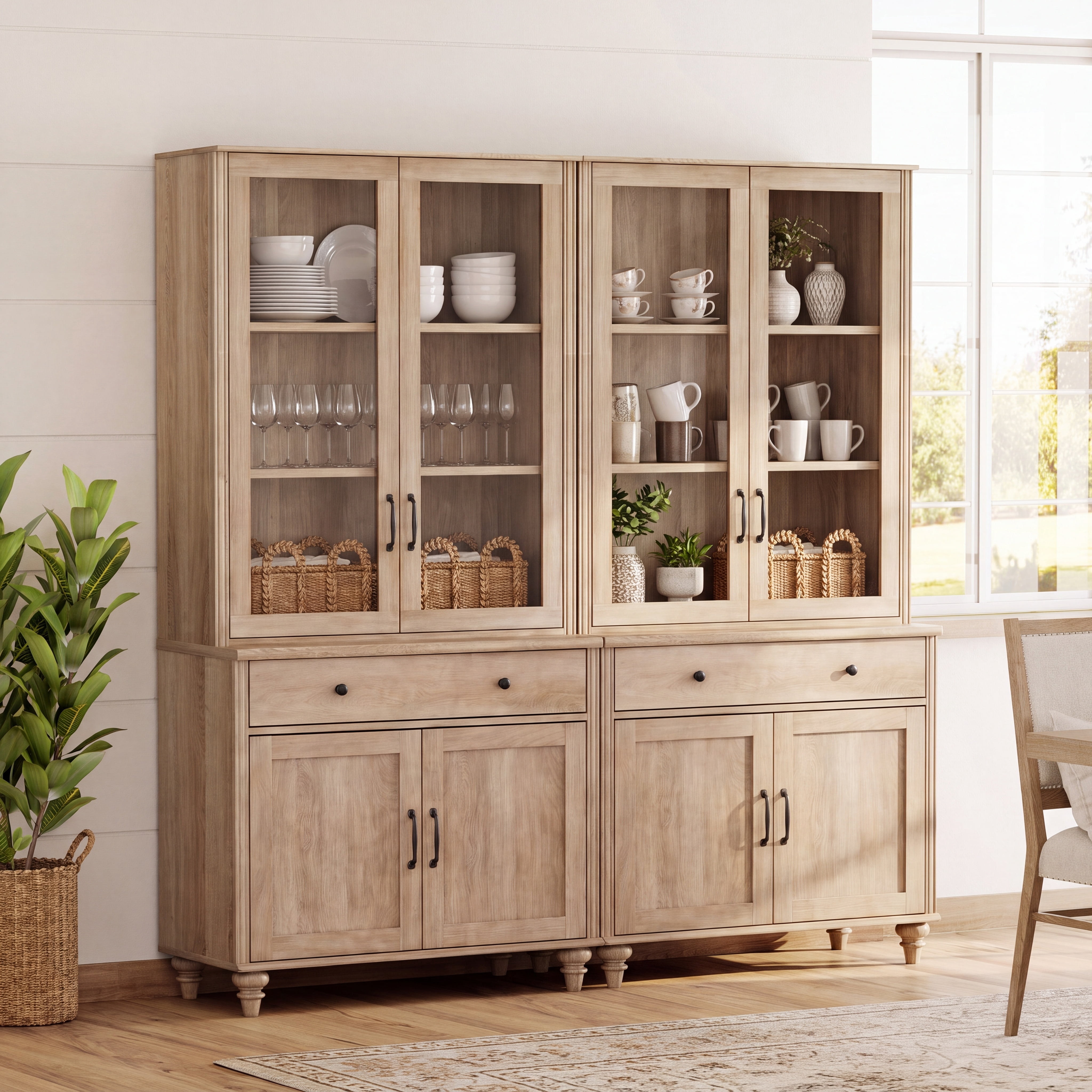 Sideboard Buffet Cabinet with Storage, 5-Tier Bookcase with Glass Doors, Farmhouse Bookshelf with Ample Storage Cabinet, Large Bookshelves for Living Room, Office, Kitchen, Oak, 72" H