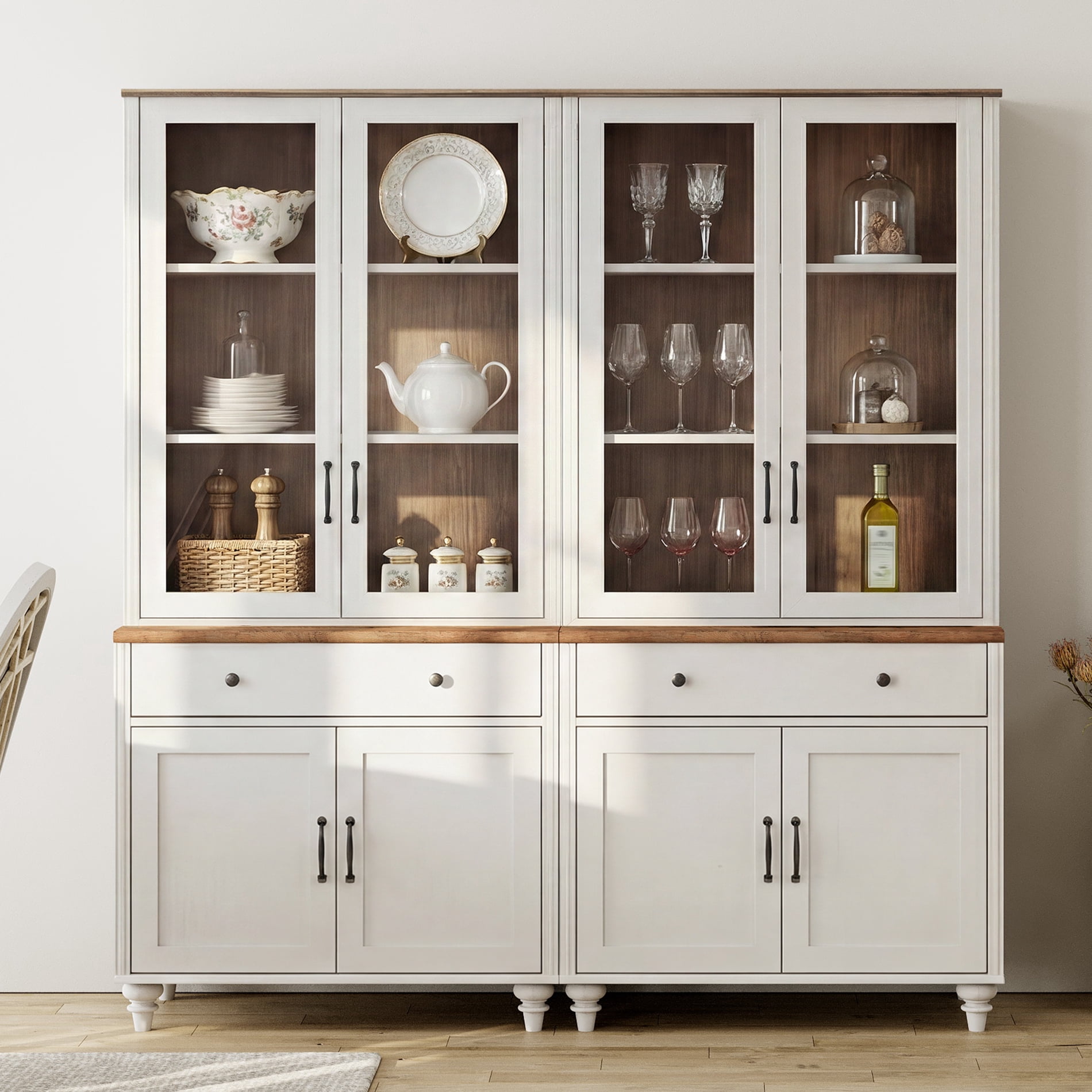 Sideboard Buffet Cabinet with Storage, 5-Tier Bookcase with Glass Doors, Farmhouse Bookshelf with Ample Storage Cabinet, Large Bookshelves for Living Room, Office, Kitchen, White, 72" H