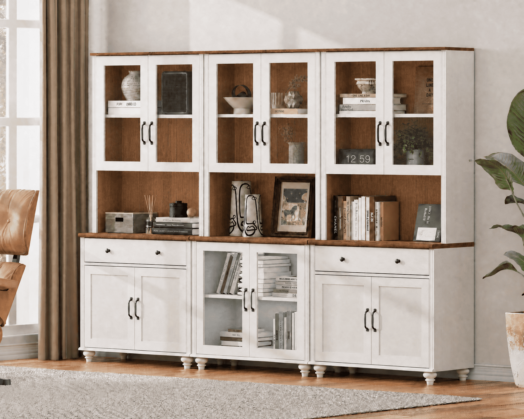 Sideboard Buffet Cabinet with Storage, 5-Tier Bookcase with Glass Doors, Large Library Wooden Bookshelves for Living Room, Office, Study Room, White, 72" H
