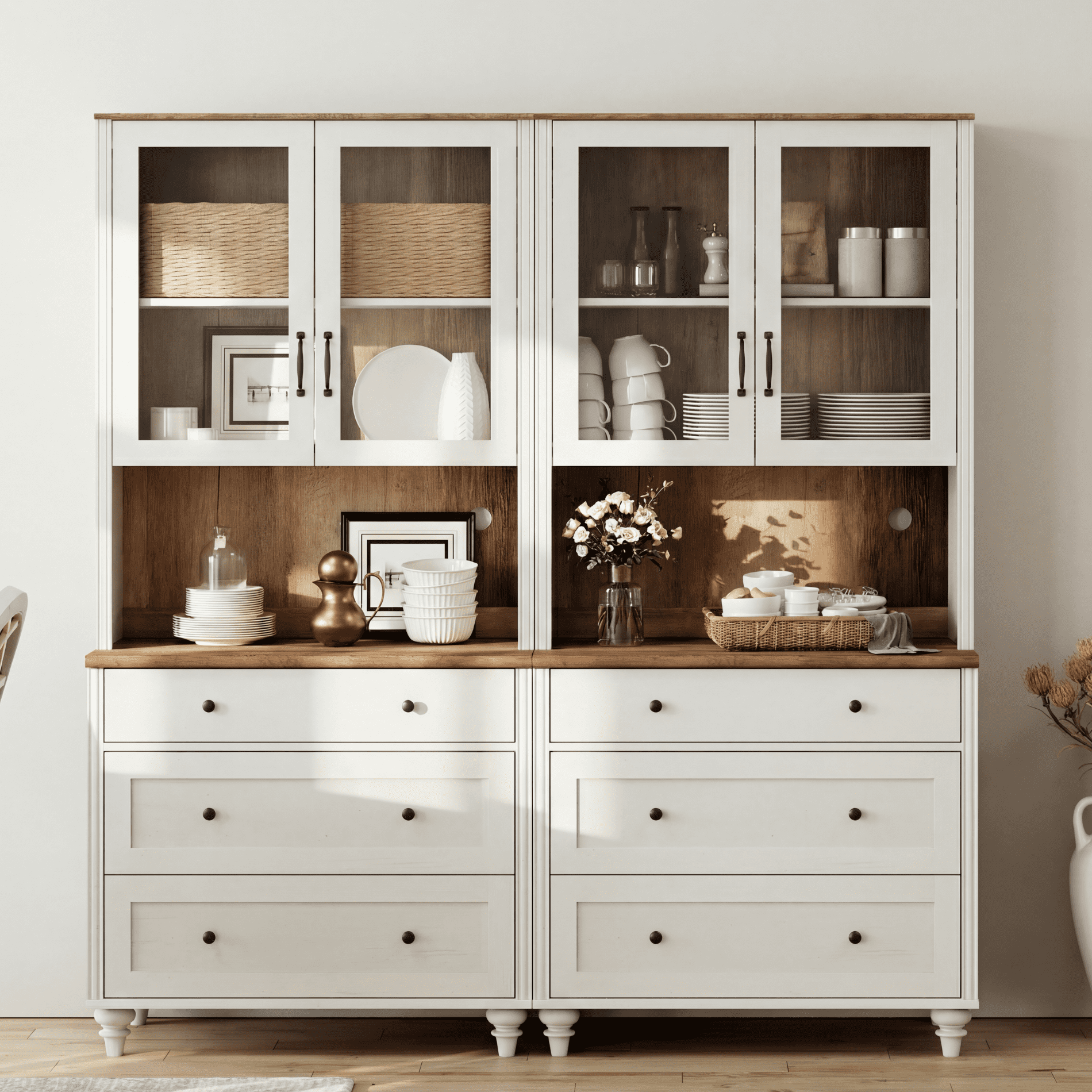 Sideboard Buffet Cabinet with Storage, 5-Tier Large Bookcase with Ample Storages, Farmhouse Bookshelf with 6 Drawers, Vintage Bookshelves for Living Room, Office, Study Room, White, 72" H