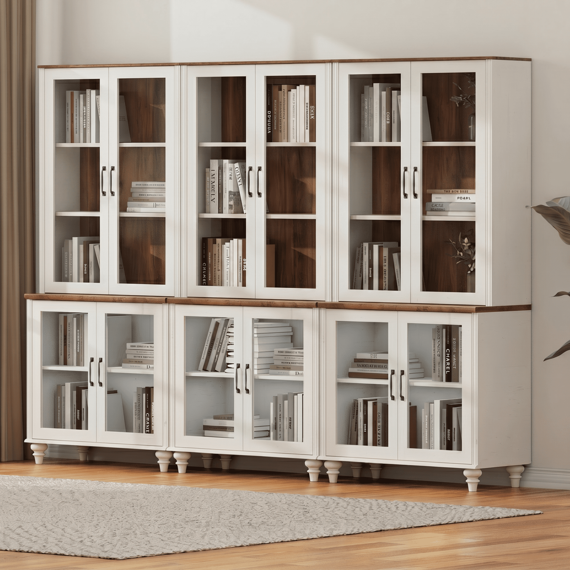 Sideboard Buffet Cabinet with Storage, 5-Tier Large Bookcase with Glass Doors and Adjustable Shelf, Library Wooden Bookshelves for Living Room, Office, Kitchen, White, 72" H