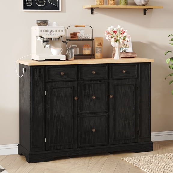 Sideboard Buffet Cabinet with Storage 51.2" Kitchen Console Table with 5 Drawers, 2 Cabinets & Adjustable Shelves, Farmhouse Buffet Server for Dining Room Living Room Entryway, Black