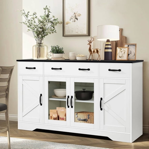Sideboard Buffet Cabinet with Storage - 55" Kitchen Storage Display Cabinet with 4 Drawers and Glass Doors, 15.8" D Wood Buffet Table Coffee Bar Cabinets for Entryway Living Room