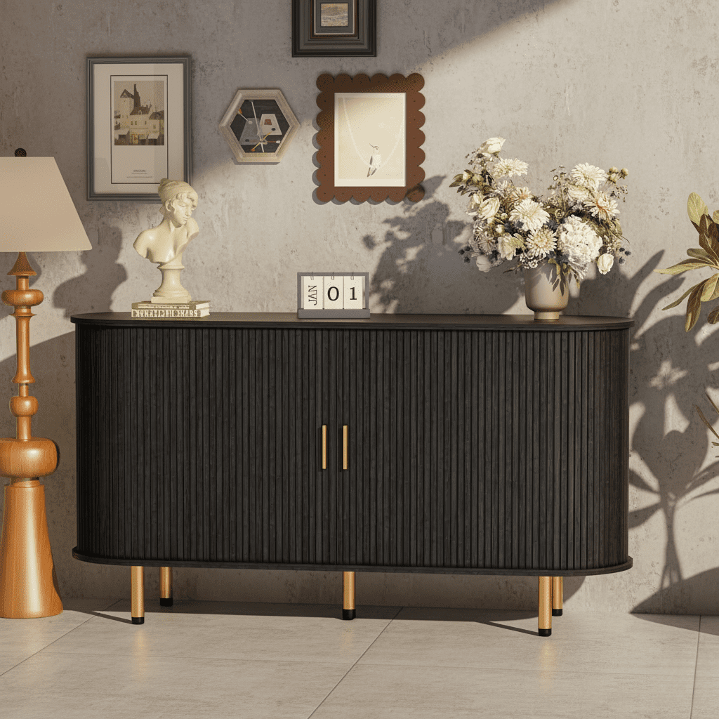 Sideboard Buffet Cabinet with Storage, 55" Mid Century Modern Fluted Accent Coffee Bar Console Table with Tambour Sliding Doors & Adjustable Shelf for Kitchen, Living Room, Entryway (Black)