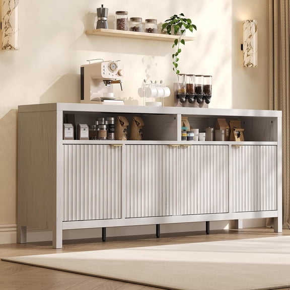 Sideboard Buffet Cabinet with Storage，65" Fluted Cabinet with 4 Doors, Long Buffet Cabinet, Sideboard Storage Cabinet for Kitchen,Living Room,Vintage White