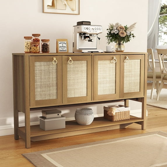 Sideboard Buffet Cabinet Boho Wood with 4 Doors and Adjustable Shelf