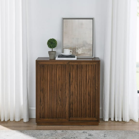 Sideboard Buffet Cabinet, Storage Cabinet with 2 Sliding Doors, Solid Wood Decorative Strips, Vintage Accent Cabinet For Entryway Living Room Hallway