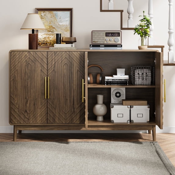 Sideboard Buffet Cabinet With Storage, Carved 4 Door Sideboard, Multifunctional Accent Cabinet With Adjustable Layer Board For Living Room, Entryway, Hallway, Office, Kitchen and Dining Room