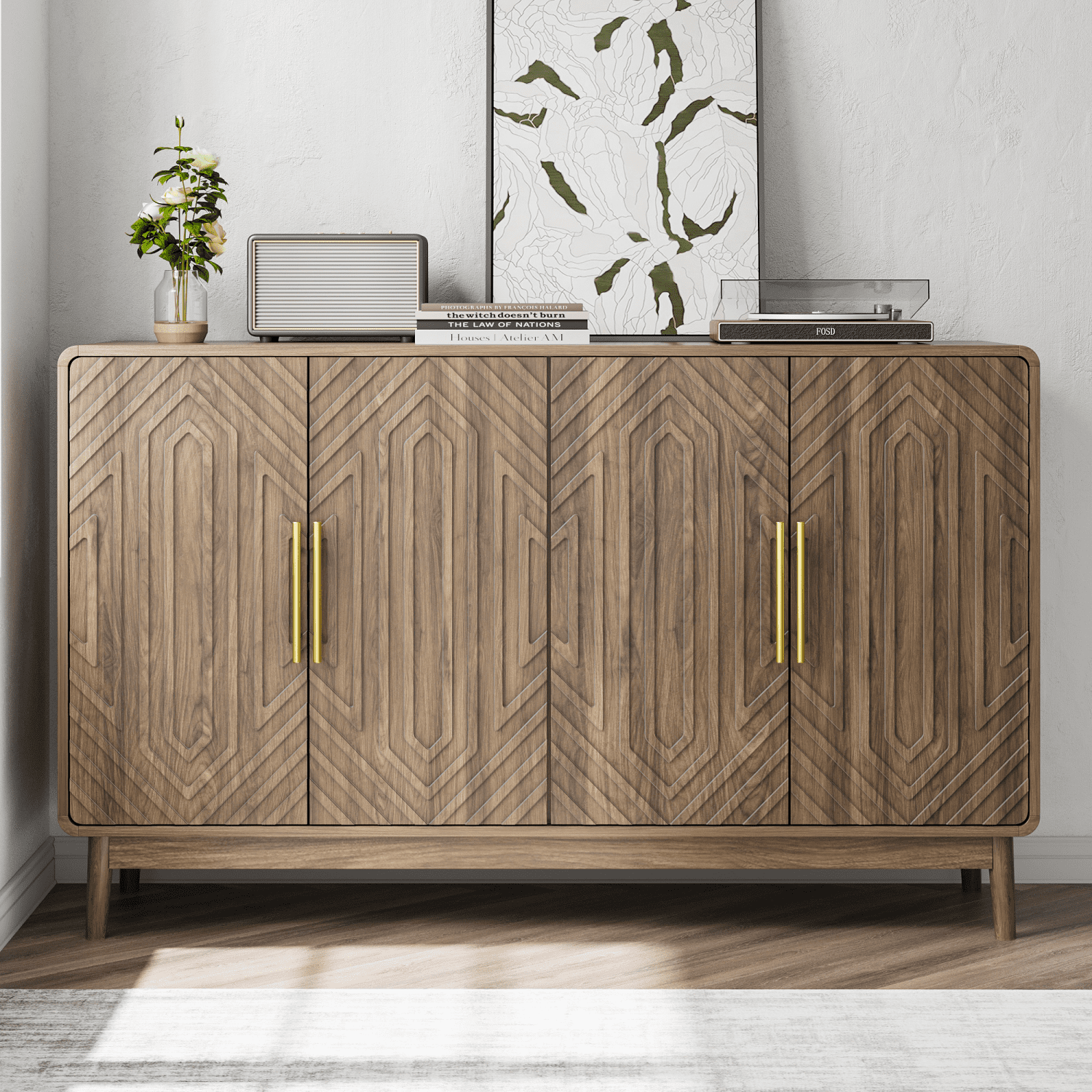 Sideboard Buffet Cabinet With Storage, Carved 4 Door Sideboard,Multifunctional Accent Cabinet With Adjustable Layer Board For Living Room, Entryway, Hallway, Office, Kitchen and Dining Room