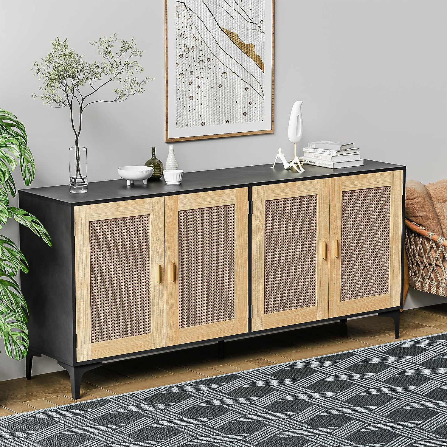 Sideboard Buffet with Storage, Console Table Rattan with Handmade Natural Rattan