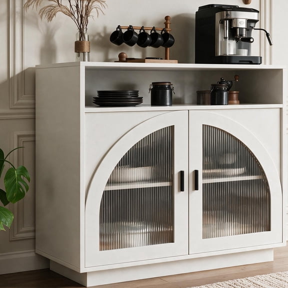 Sideboard Buffet Cabinet with Storage Drawer, Farmhouse Coffee Bar Table with Adjustable Shelf, Small Sideboard Cabinet for Kitchen, Dining Room, Living Room, Entryway（31.5" /White）