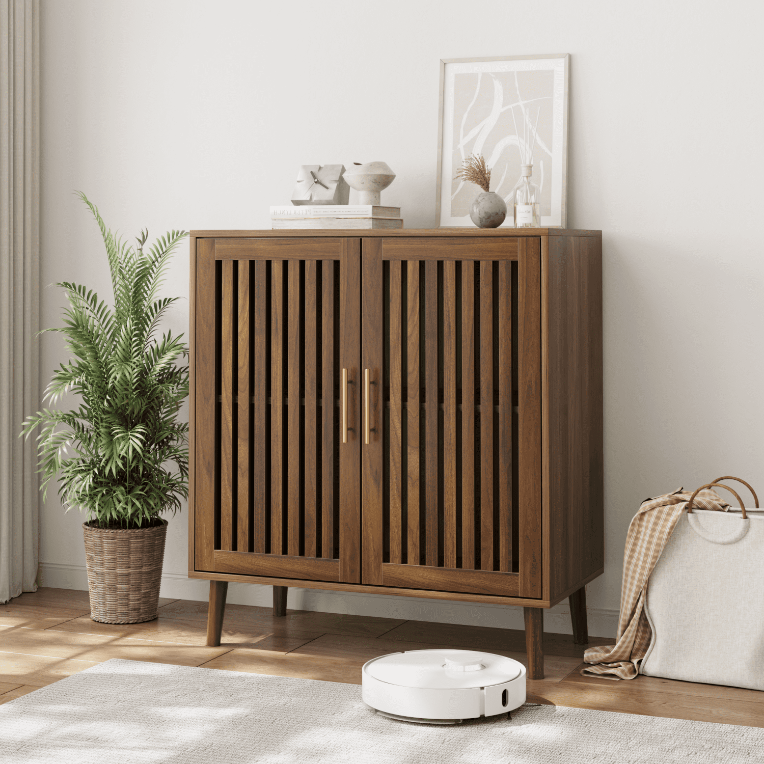 Sideboard Buffet Cabinet with Storage, Farmhouse Buffet Cabinet with Louvered Doors, Wood Coffee Bar Storage Cabinet for Kitchen, Dining Room, Living Room, Entryway, Walnut, 31.5" W