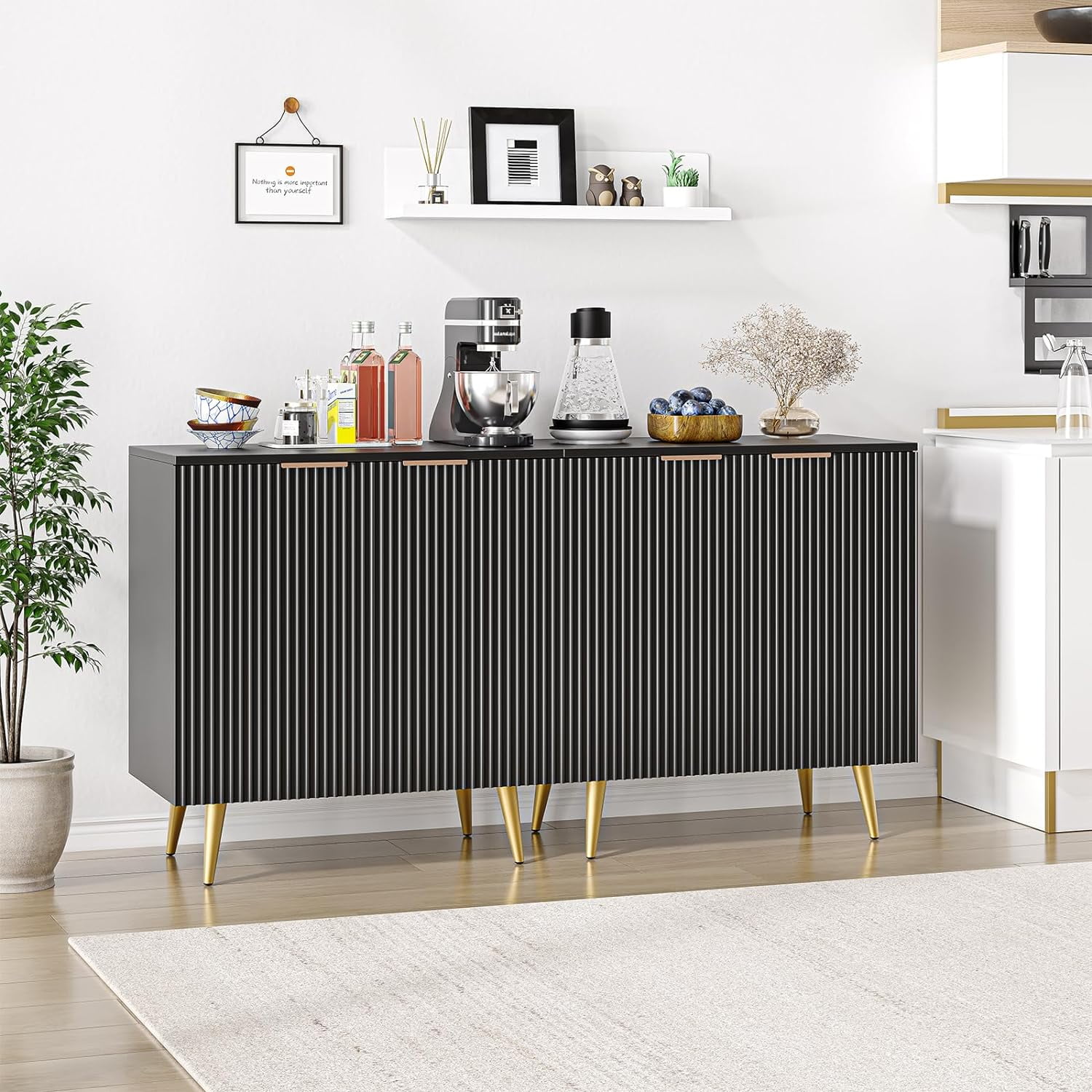 Fluted Sideboard Cabinet, Buffet Cabinets With Storage,Flute Cabinets, Wooden Cabinet With Doors And Shelves, Accent Console For Living Dining Room