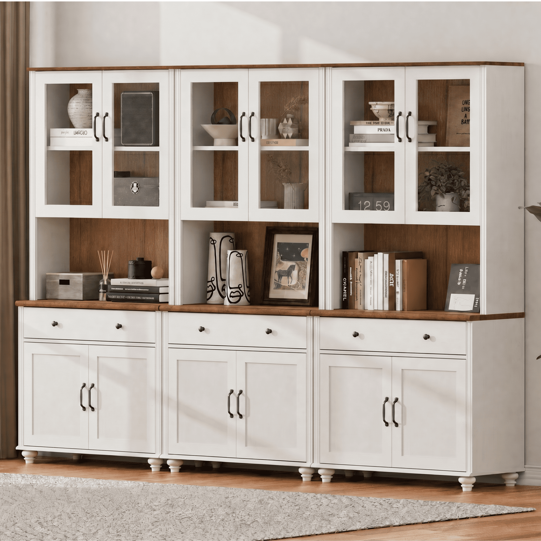 Sideboard Buffet Cabinet with Storage, Large Bookcase, Bookshelf with Ample Storage Cabinet, Farmhouse Library Wooden Bookshelves for Living Room, Office, Kitchen, Study Room, White, 72" H