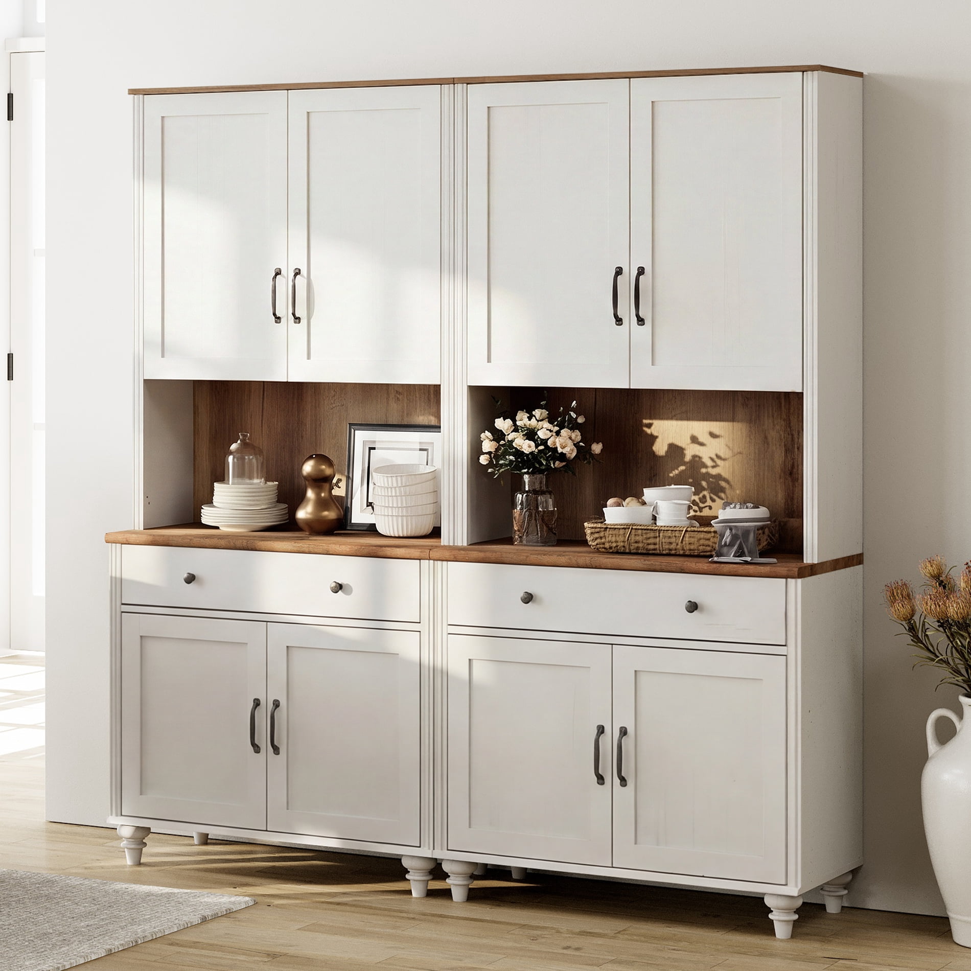Sideboard Buffet Cabinet with Storage, Large Bookcase, Farmhouse Bookshelf with Ample Storage Cabinet, Large Library Wooden Bookshelves for Living Room, Office, White, 72" H