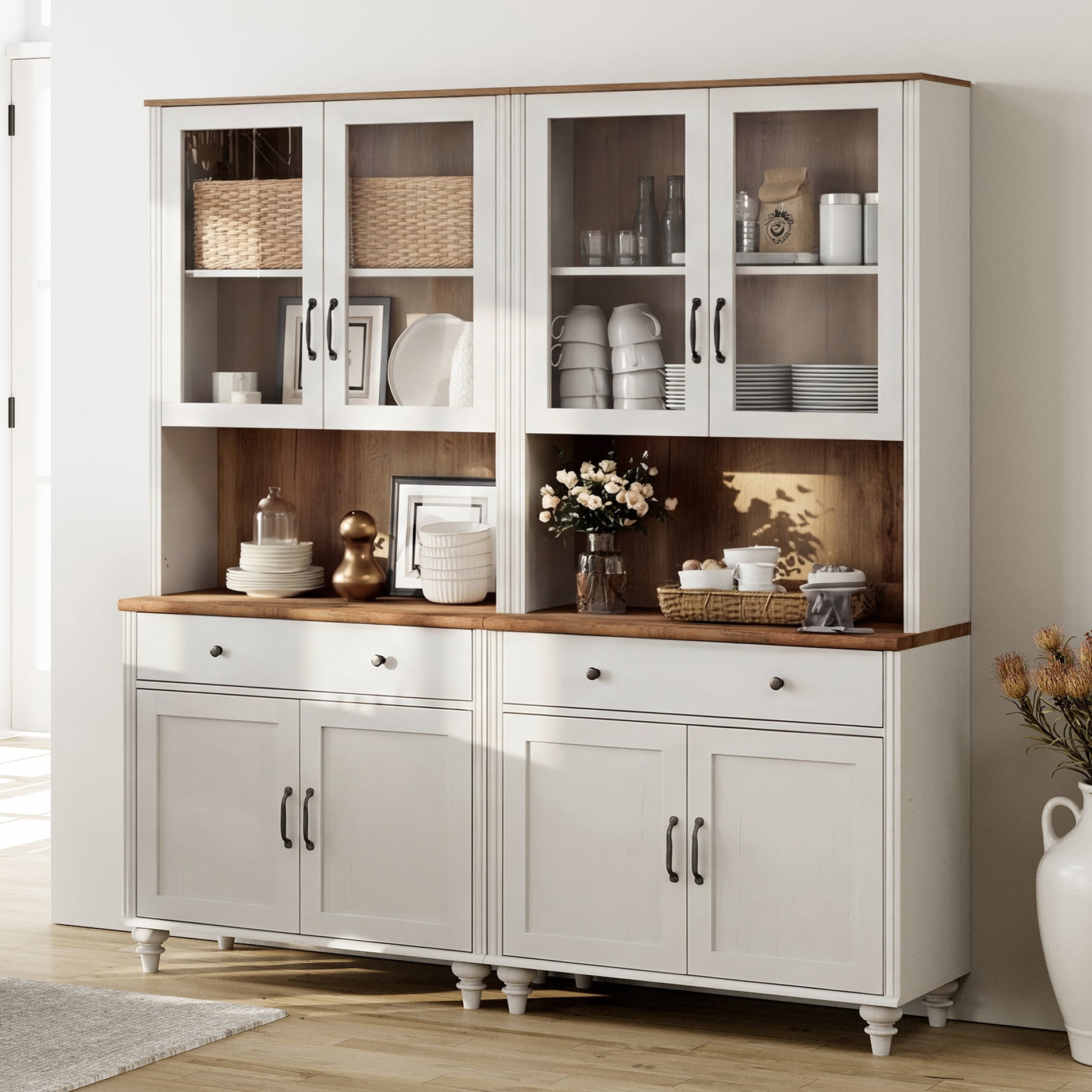 Sideboard Buffet Cabinet with Storage, Large Bookcase, Farmhouse Bookshelf with Ample Storage Cabinet, Library Wooden Bookshelves for Living Room, Office, Kitchen, White, 72" H