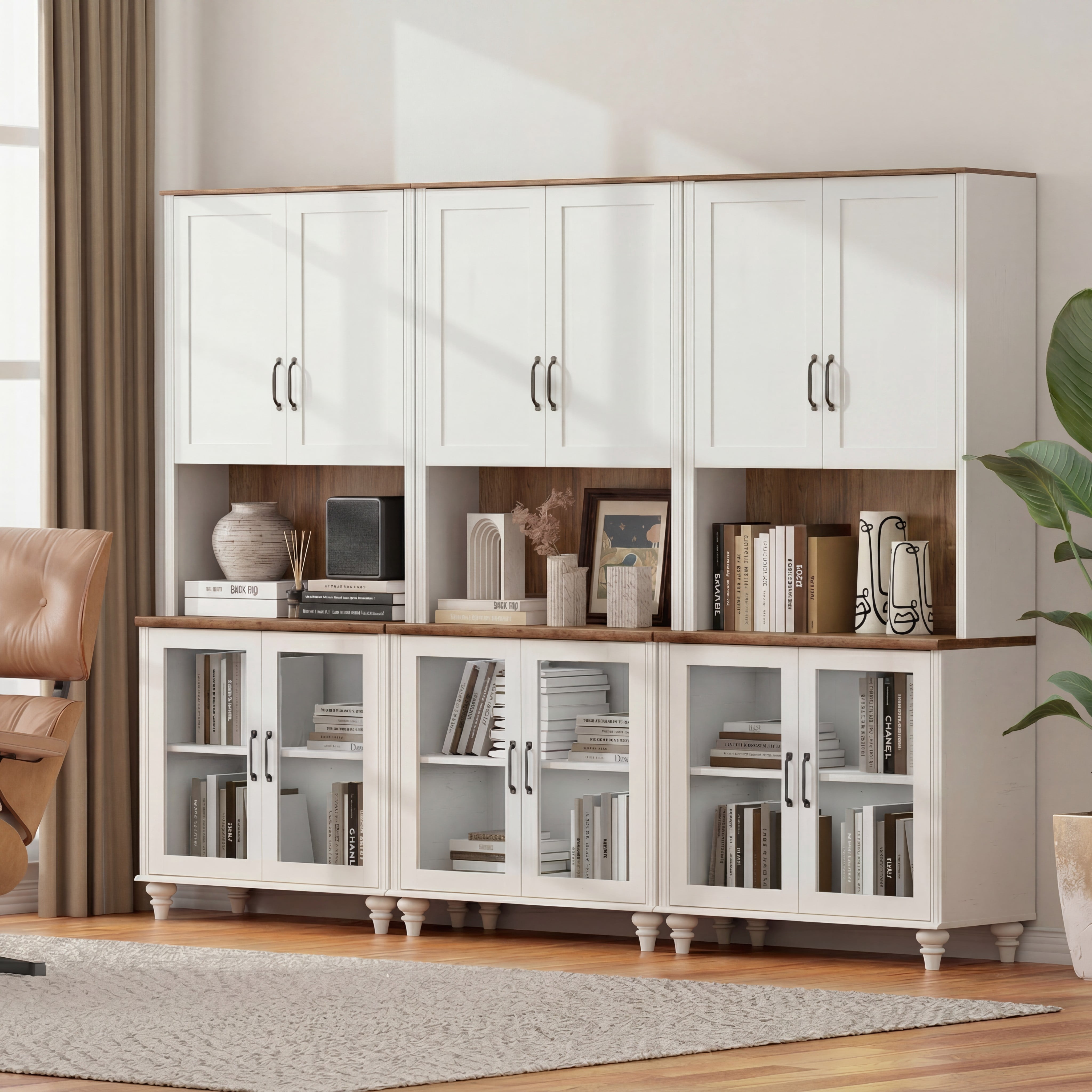 Sideboard Buffet Cabinet with Storage, Large Bookcase with Glass Doors and Adjustable Shelf, Library Wooden Bookshelves for Living Room, Kitchen, Study Room, White, 72" H