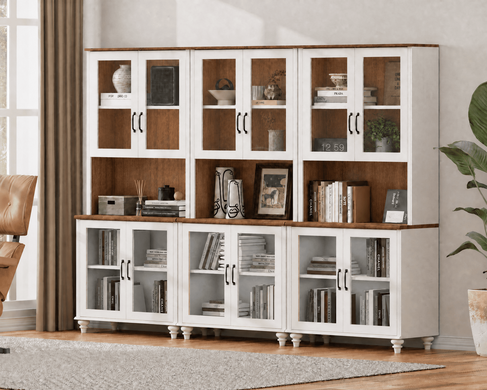 Sideboard Buffet Cabinet with Storage, Large Bookcase with Glass Doors and Adjustable Shelf, Library Wooden Bookshelves for Living Room, Office, Kitchen, Study Room, White, 72" H