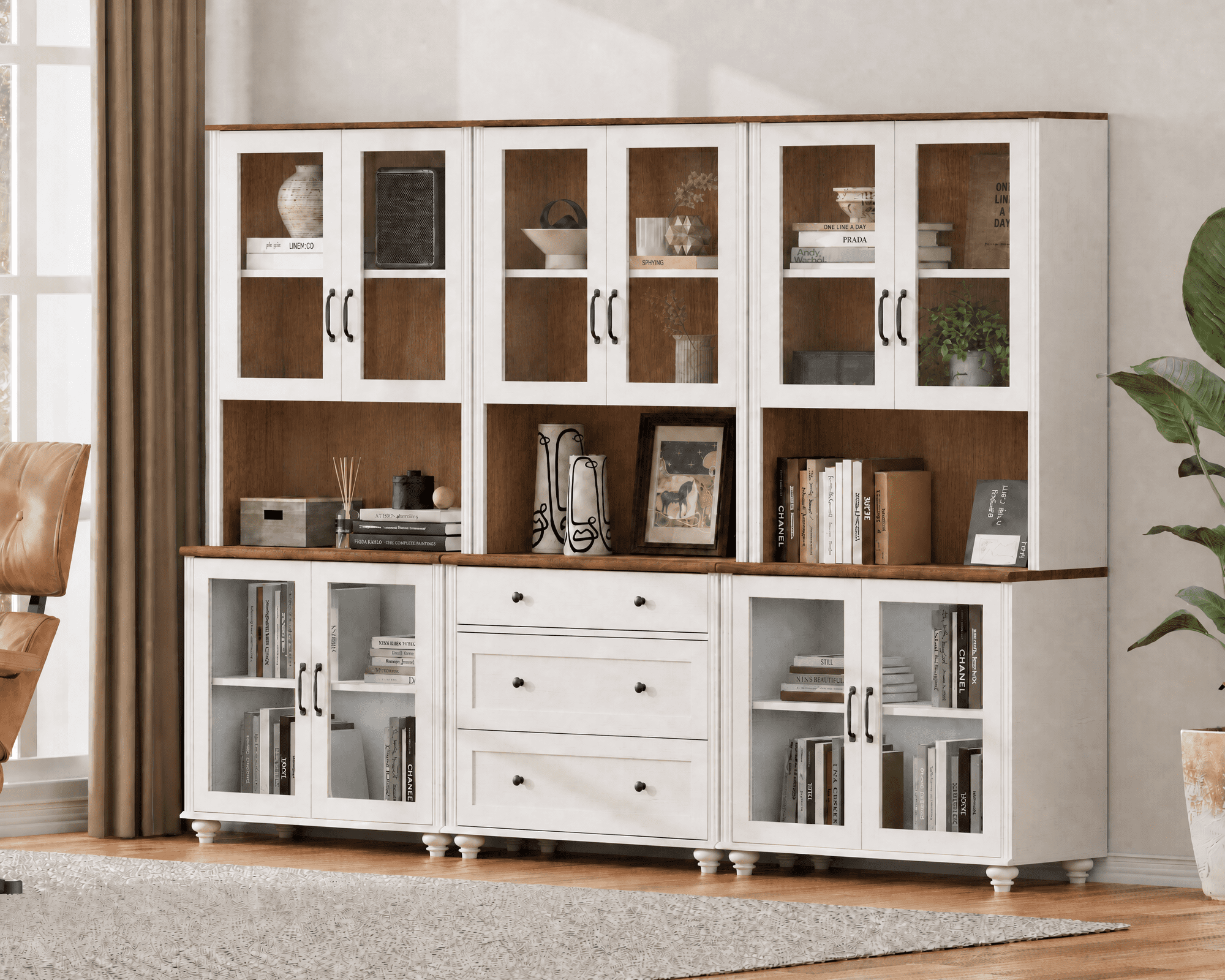 Sideboard Buffet Cabinet with Storage, Large Bookcase with Glass Doors, Bookshelf with Ample Storage Cabinets, Bookshelves for Living Room, Office, Study Room, White, 72" H