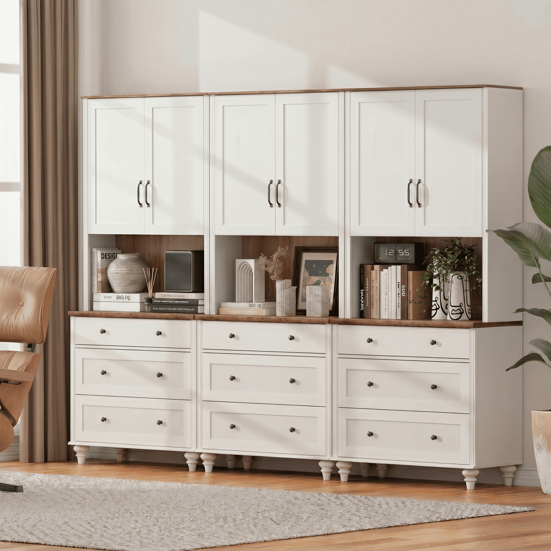 Sideboard Buffet Cabinet with Storage, Large Bookcase with Wood Doors, Bookshelf with 9 Drawers, Farmhouse Bookshelves for Living Room, Office, Kitchen, Study Room, White, 72" H