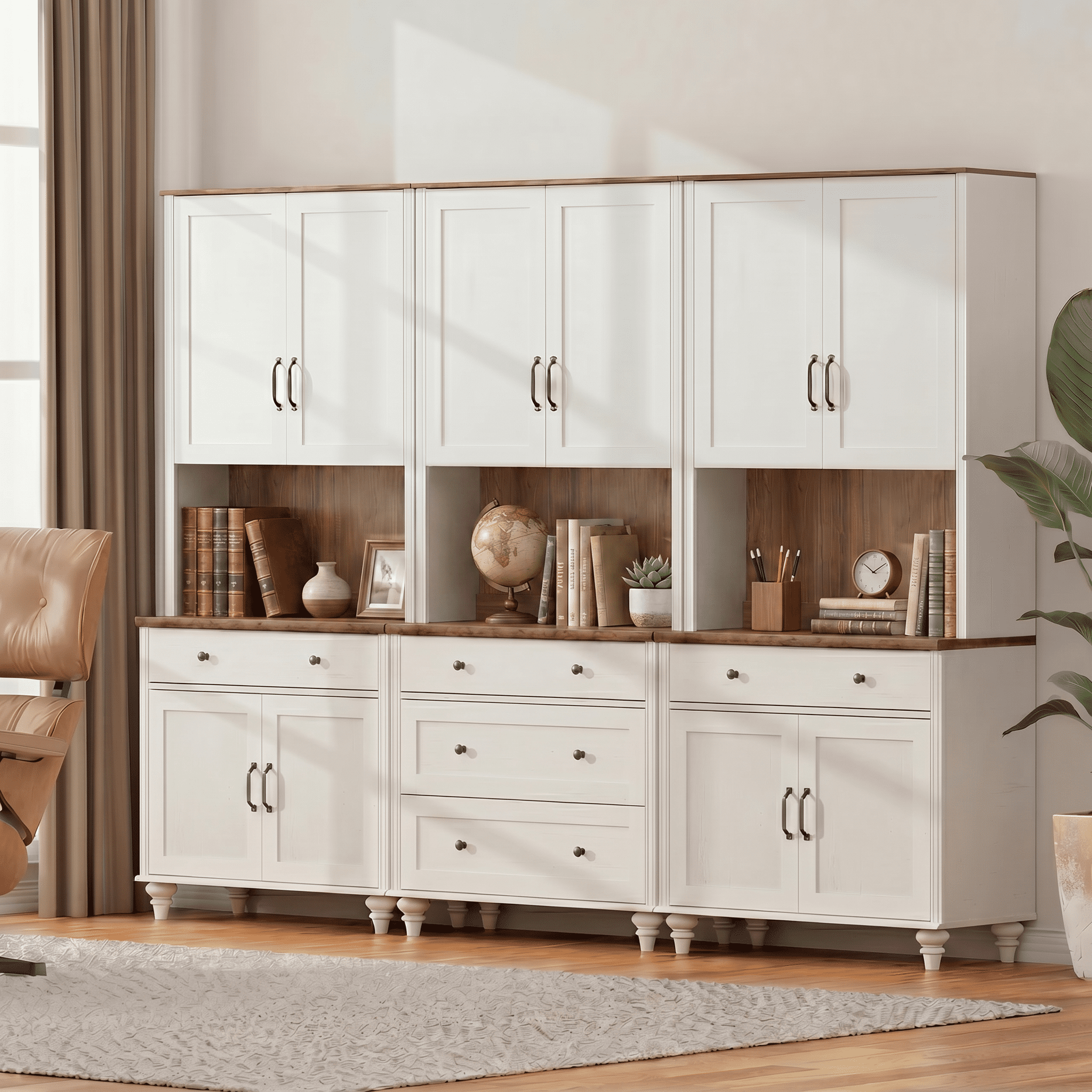 Sideboard Buffet Cabinet with Storage, Large Bookcase with Wood Doors, Bookshelf with Ample Storage Cabinet, Farmhouse Bookshelves for Living Room, Office, Study Room, White, 72" H