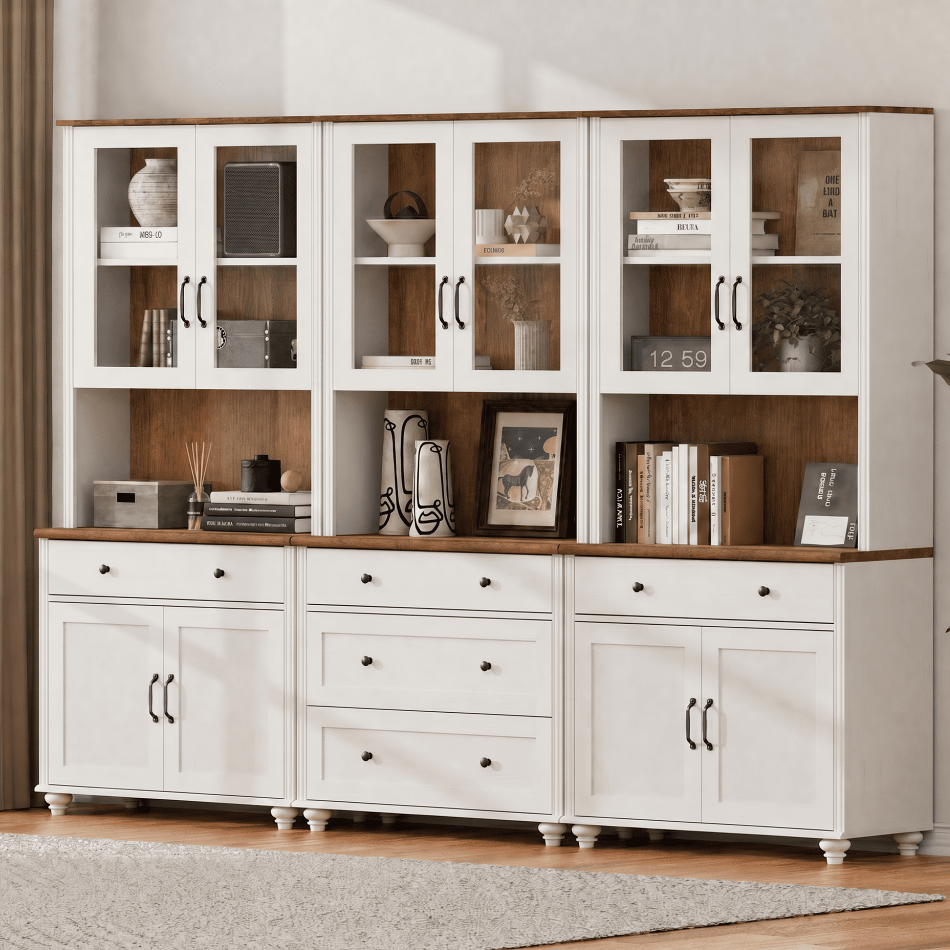 Sideboard Buffet Cabinet with Storage, Large Bookcase with Wood Doors, Bookshelf with Ample Storage Cabinet, Farmhouse Bookshelves for Living Room, Office, Study Room, White, 72" H