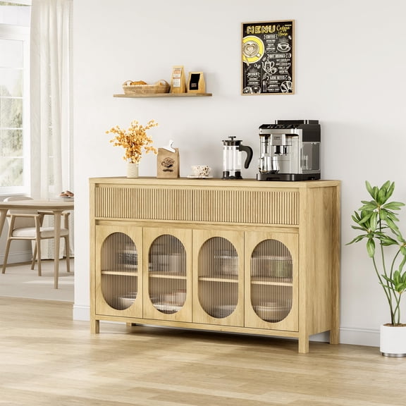 Sideboard Buffet Cabinet with Storage, Modern Farmhouse Coffee Bar Cabinet with 4 Oval Glass Doors, 2 Drawers, Wood Console Table for Living Room, Kitchen, Entryway, Natural