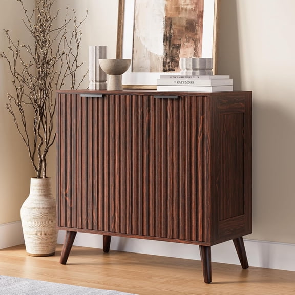 Sideboard Buffet Cabinet with Storage, Modern Fluted Accent Credenza with Doors & Adjustable Shelves, Wood Coffee Bar Console Table for Living Room, Dining Room, Kitchen or Entryway 31.5"Walnut