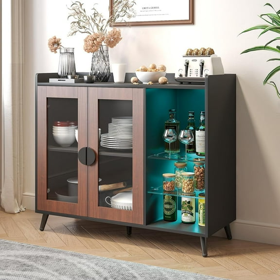 Sideboard Buffet Cabinet with Storage, Modern LED Coffee Bar Buffet Table with Acrylic Doors & Glass Storage Shelves, Sideboard for Kitchen, Dining Room
