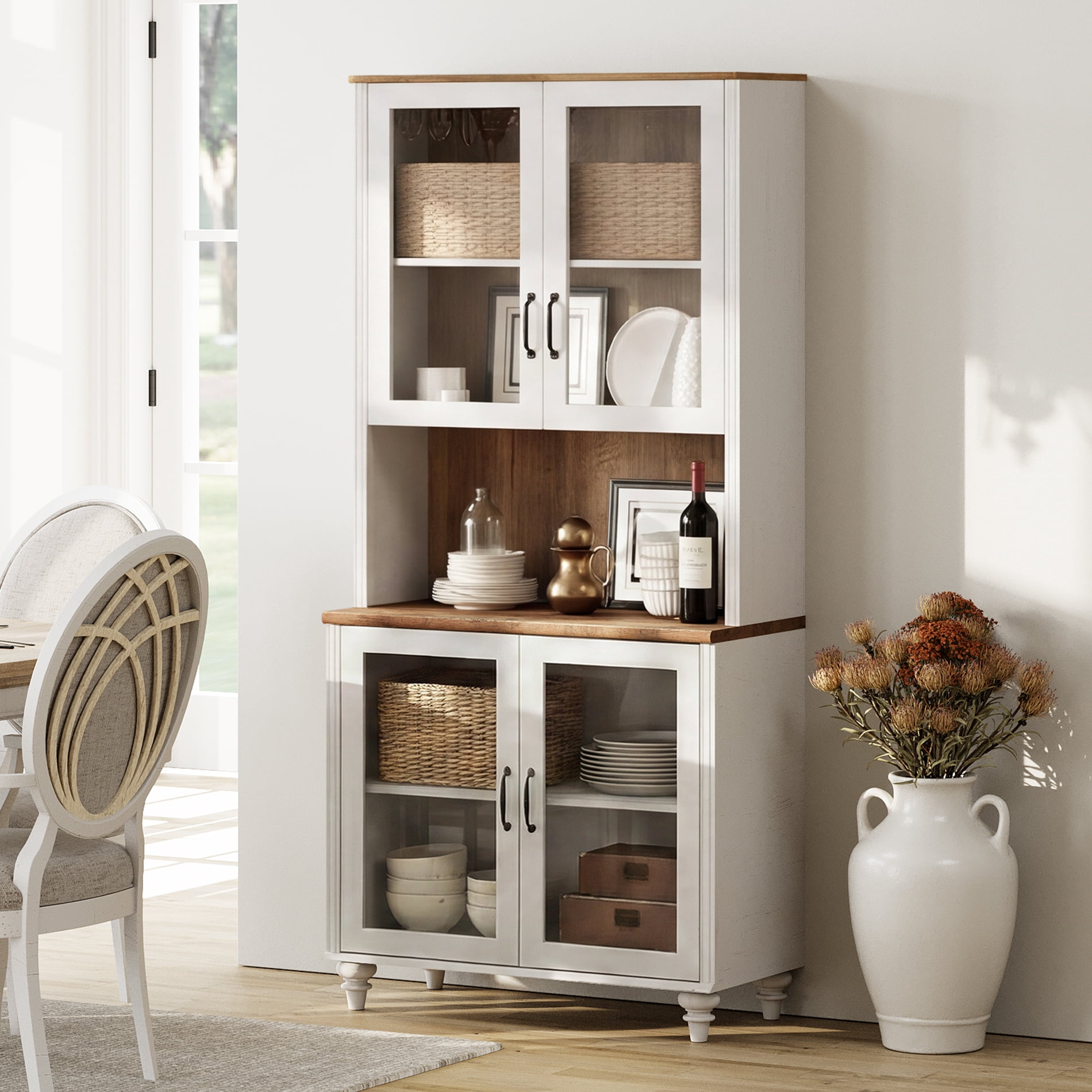 Sideboard Buffet Cabinet with Storage, Morden Bookcase with Adjustable Shelf and Glass Doors, Farmhouse Wooden Bookshelves for Living Room, Office, Study Room, Kitchen, White, 72" H