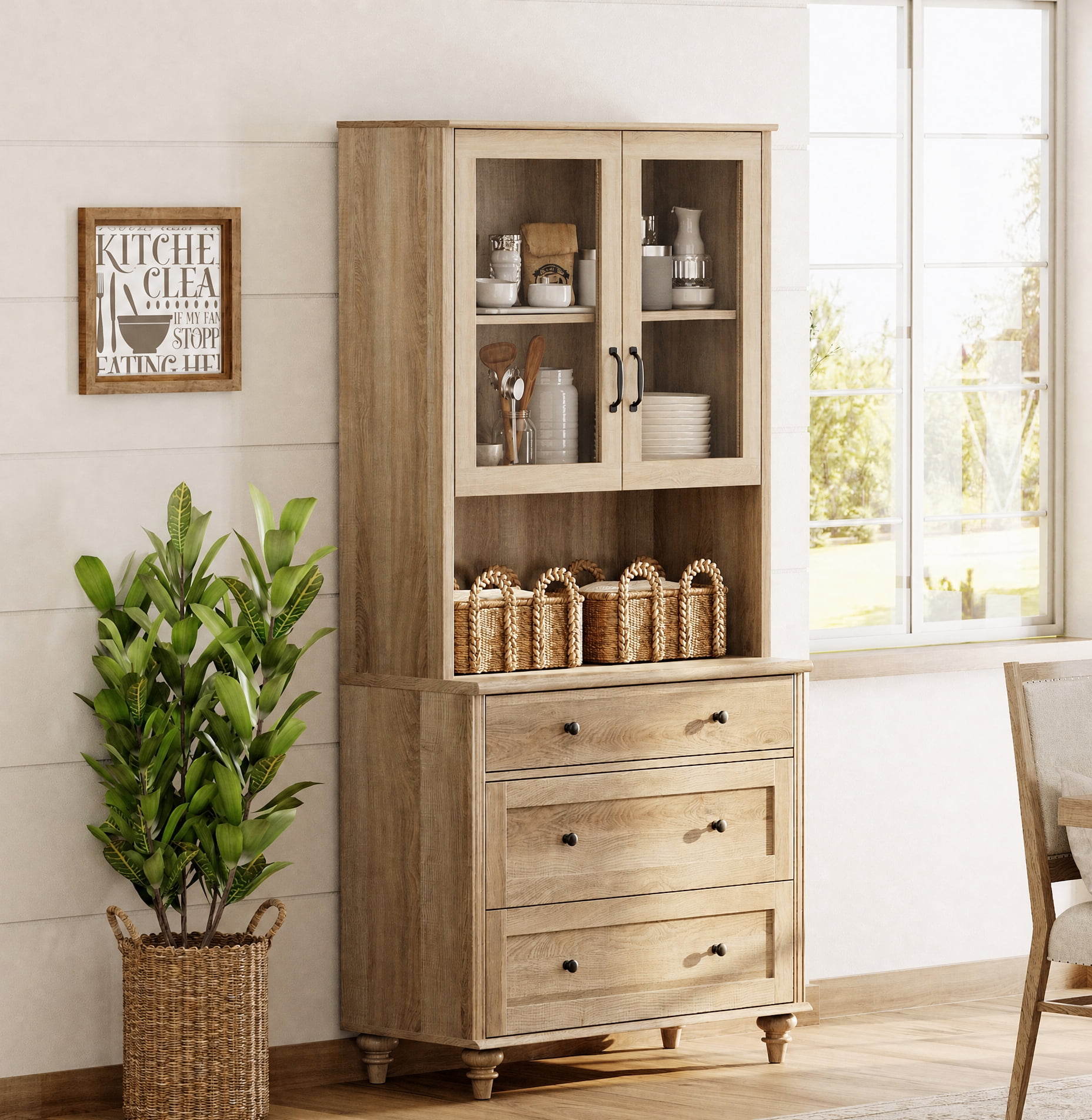 Sideboard Buffet Cabinet with Storage, Morden Bookcase, Bookshelf with 3 Wood Drawers, Farmhouse Library Bookshelves for Living Room, Office, Study Room, Kitchen, Oak, 72" H