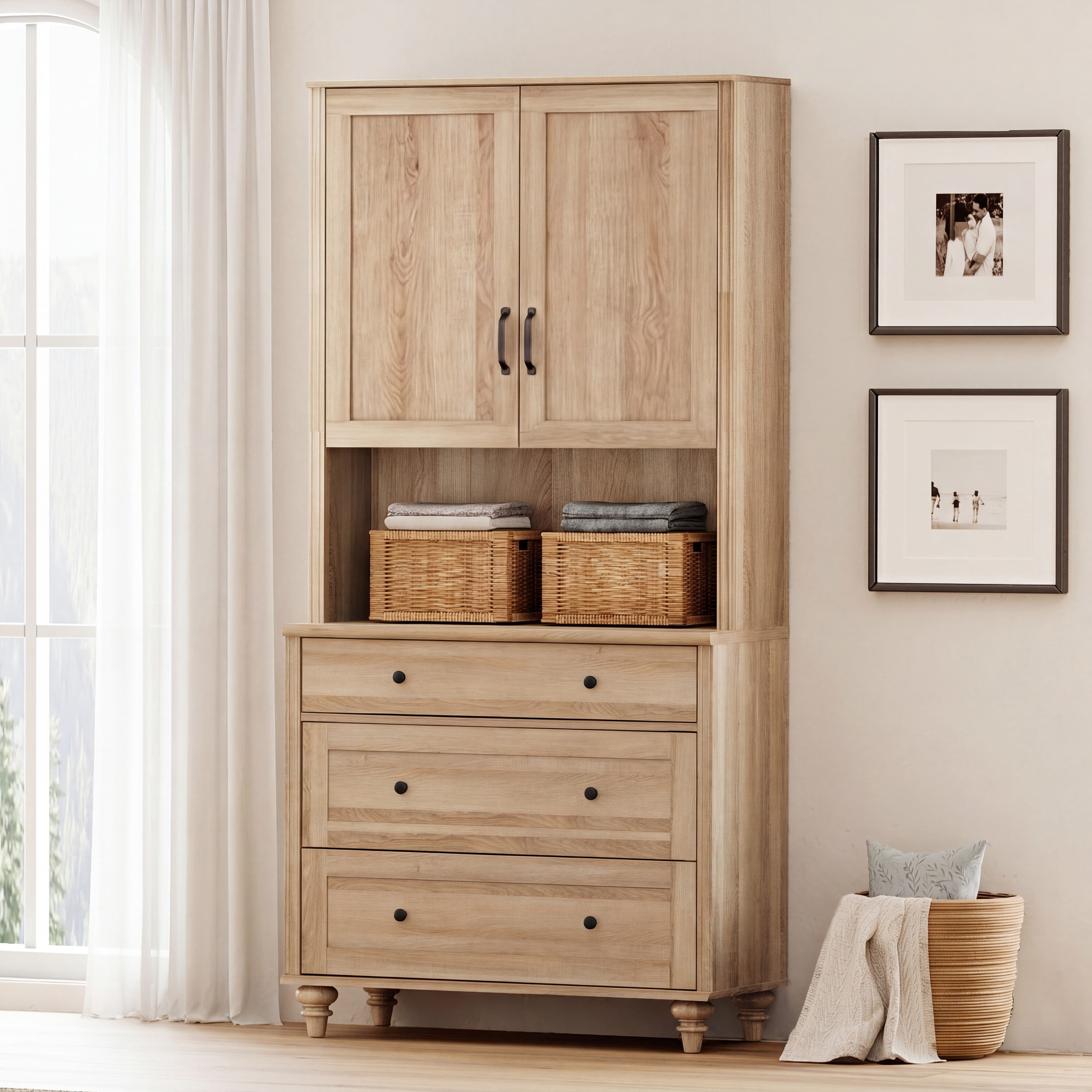 Sideboard Buffet Cabinet with Storage, Morden Bookcase with Wood Doors, Bookshelf with 3 Drawers, Farmhouse Library Wooden Bookshelves for Living Room, Office, Study Room, Oak, 72" H