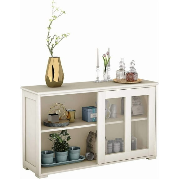 Sideboard Buffet Cabinet with Storage - Stackable Kitchen Cabinet Console Table with Adjustable Shelf and Sliding Glass Doors, Wooden Storage Cabinet for Dining Room, Living Room (White)