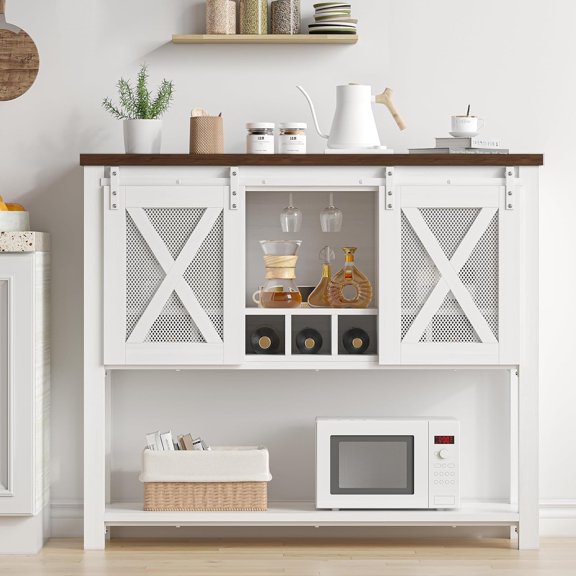 Sideboard Buffet Cabinet with Storage Wine Bar Cabinet with Sliding Barn Door Entryway Table with Storage Shelf & Wine Racks for Kitchen, Dining Room, Entryway